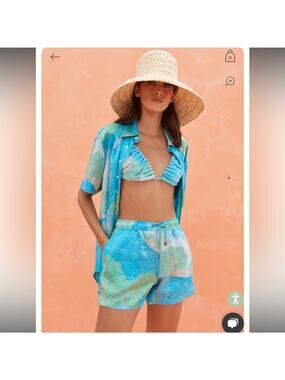 cult gaia oby blue & green printed boyfriend bikini cover up silk shorts Large
